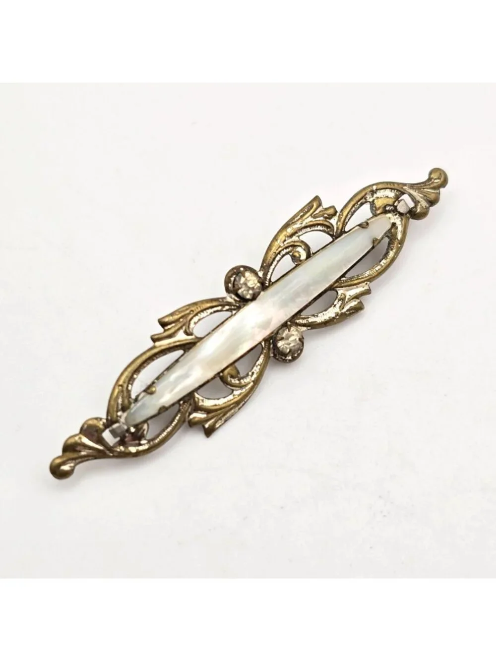 Antique Mother of Pearl Bar Brooch Mixed Tone Metal & Paste Stones - Picture 6 of 6